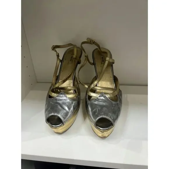Miu Miu Silver and Gold Leather Platform Heels - Size 39 - Picture 2 of 5